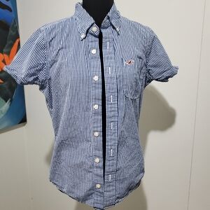 Hollister Navy and White Gingham Preppy Casual Shirt
